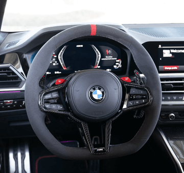 Carbon Fiber N Acantara BMW LCI Steering Wheel Flat Bottom For G/F Chassis - Carbsign G20 G30 G80 G82 G87 M2 M3 M4 M5 M8 M340I - HyperSteering