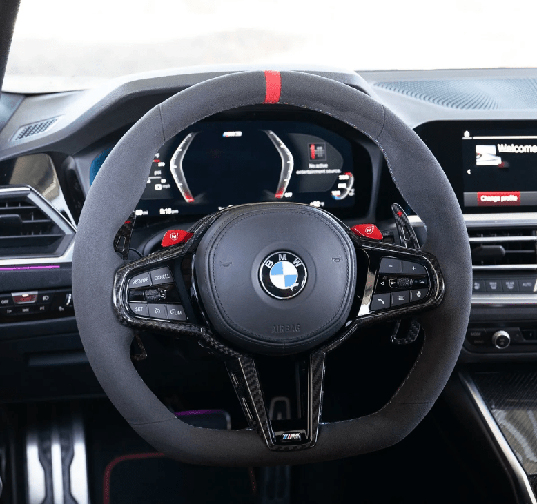 Carbon Fiber N Acantara BMW LCI Steering Wheel Flat Bottom For G/F Chassis - Carbsign G20 G30 G80 G82 G87 M2 M3 M4 M5 M8 M340I - HyperSteering