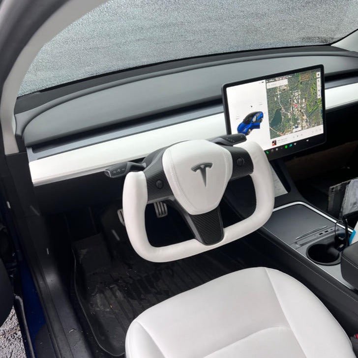 White Leather Yoke Steering Wheel for Tesla Model 3 / Y - HyperSteering