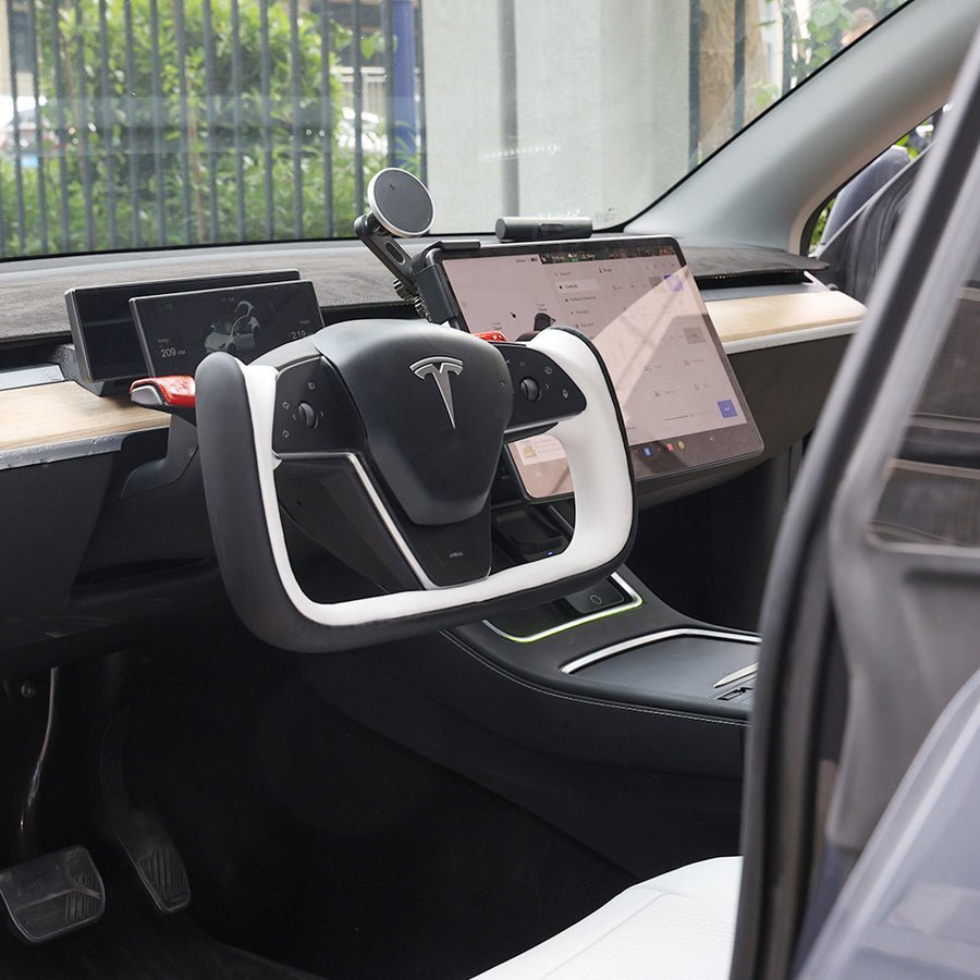 Yoke Style Steering Wheel for Model 3 / Y【Black & White Leather】 - HyperSteering