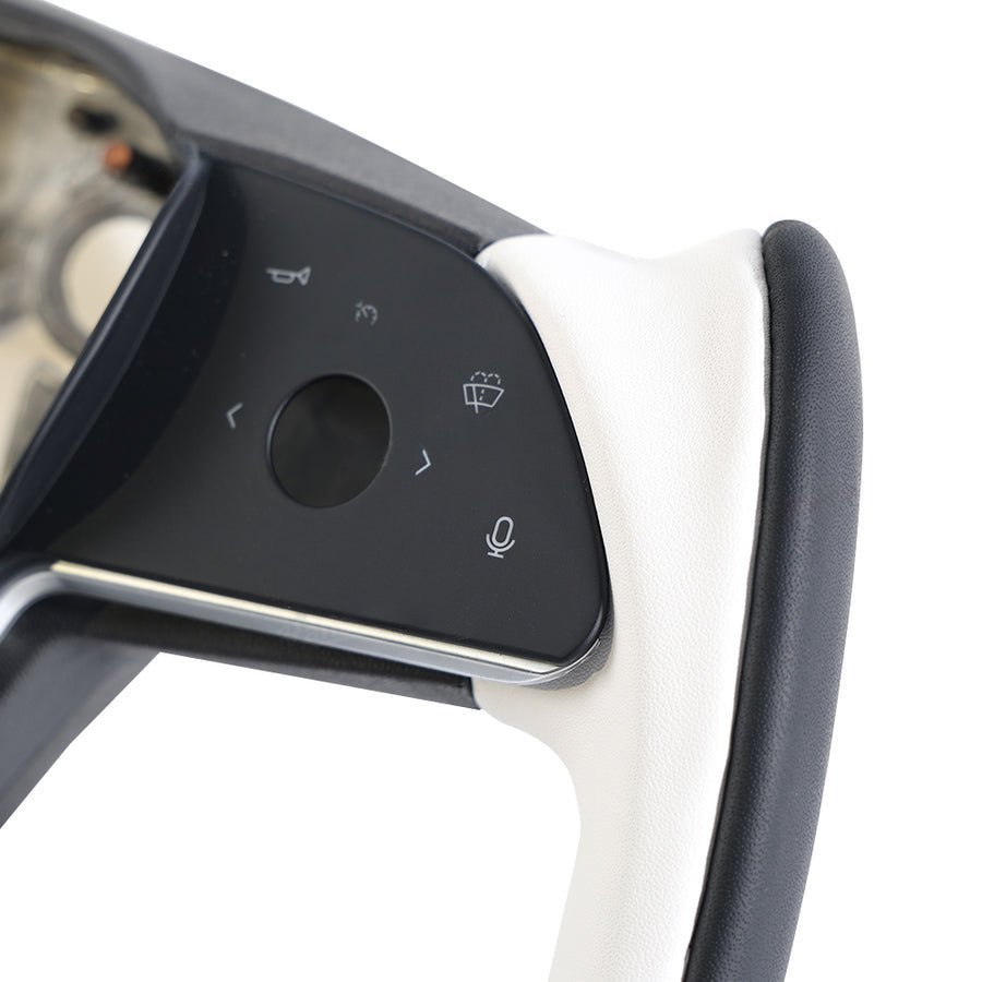 Yoke Style Steering Wheel for Model 3 / Y【Black & White Leather】 - HyperSteering