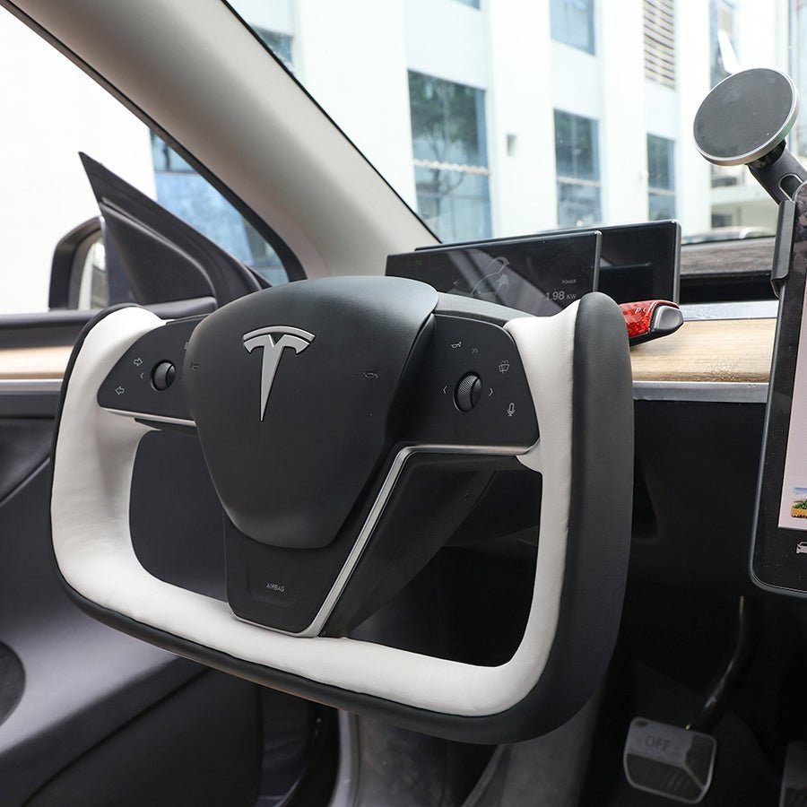 Yoke Style Steering Wheel for Model 3 / Y【Black & White Leather】 - HyperSteering