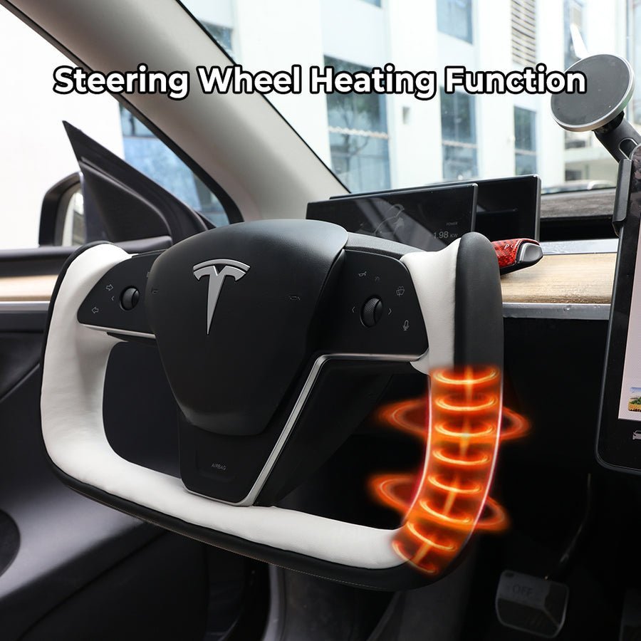 Yoke Style Steering Wheel for Model 3 / Y【Black & White Leather】 - HyperSteering