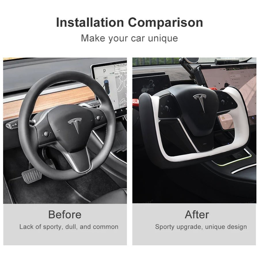 Yoke Style Steering Wheel for Model 3 / Y【Black & White Leather】 - HyperSteering